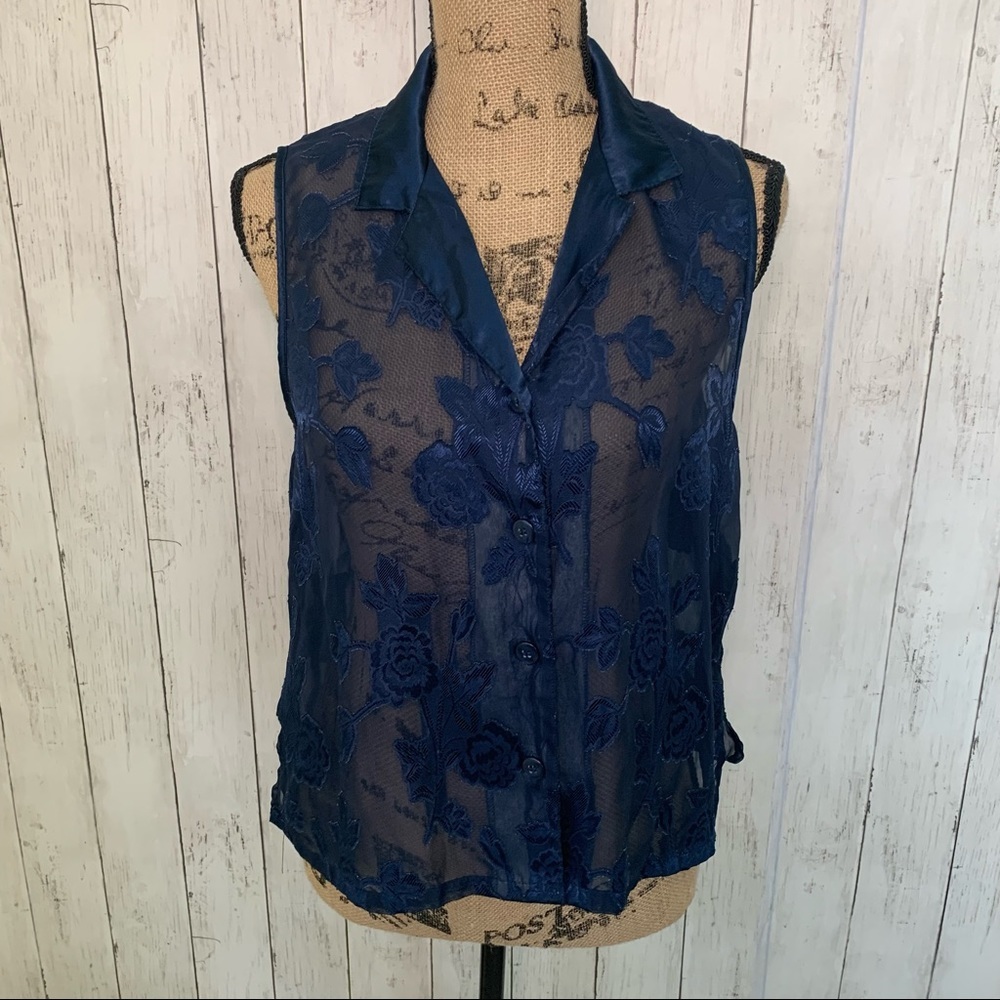 Oscar de la Renta Rink Label Navy Sheer Top Medium